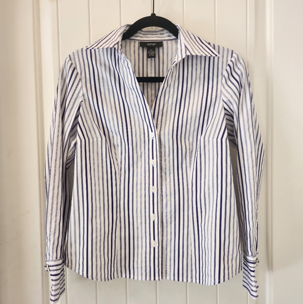 Alfani Navy/Silver/White Striped Fitted Long-Sleeve, Button-up shirt, Size 4P